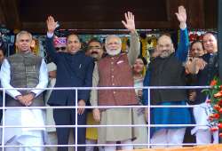 PM Narendra Modi with Himachal Pradesh Chief Minister Himachal Pradesh Jairam Thakur, BJP president Amit Shah and Governor of Himachal Pardesh Acharya Devvrat after the swearing-in ceremony in Shimla.