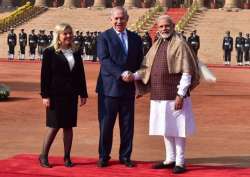 PM Narendra Modi receives Israeli PM Benjamin Netanyahu and his wife Sara Netanyahu at the ceremonial reception hosted for him at Rashtrapati Bhavan