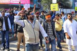 Rajput community people protest outside a cinema hall against the release of Bhansali's flim 'Padmaavat' in Jaipur on Monday. 