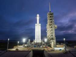 SpaceX's three-core, 27-engine Falcon Heavy launch vehicle sits on pad 39A at Kennedy Space Center in December 2017.