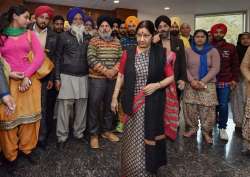 In this file photo dated 7 Feb, 2016, Sushma Swaraj meets with the family members of Indians stuck in Iraq, at Jawahar Lal Bhavan in New Delhi.