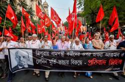 Kolkata: CPI(M) General Secretary Sitaram Yehchuri with other Politburo members Prakash Karat, Suryakanta Mishra, Brinda Karat, Biman Bose and other leaders at a rally in Kolkata on Tuesday to protest against vandalising of Lenin's statue in Tripura. 