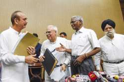 Congress leaders Ghulam Nabi Azad, Kapil Sibal, CPI's D Raja and KTS Tulsi during a press conference after Opposition parties submitted a notice to Rajya Sabha Chairperson Venkaiah Naidu to initiate impeachment proceedings against CJI Dipak Misra in New Delhi.