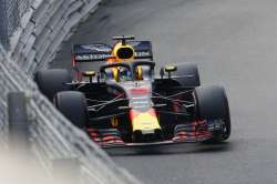 Daniel Ricciardo of Australia steers his car during the second practice session in Monaco