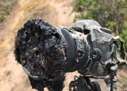 Melted Canon camera after it was destroyed by a brush fire sparked by SpaceX Falcon 9 rocket launch