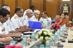 Defence Minister Nirmala Sitharaman at the Naval Commanders' conference in New Delhi on Tuesday. Navy chief Admiral Sunil Lanba is also seen.