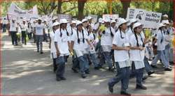 Students take part in a walkathon as part of the nationwide campaign, ‘Swachh Bharat Mission’ after its launch in New Delhi.