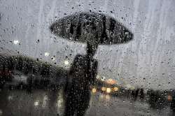 A man walks with an umbrella in monsoon rain, in New Delhi on Saturday.