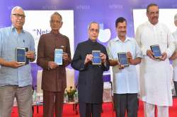  Former president Pranab Mukherjee with Delhi Chief Minister Arvind Kejriwal, MOS Vijay Sampla, former minister Shivral Patil and former chief election commissioner S Y Quraishi  during launch of Neta App in New Delhi on Friday.