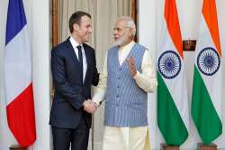 French President Emmanuel Macron and Prime Minister Narendra Modi during a photo opportunity ahead of their meeting at Hyderabad House in New Delhi.