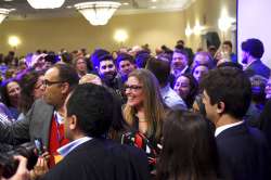 Democrat Jennifer Wexton makes her way through supporters after she beat incumbent Barbara Comstock 