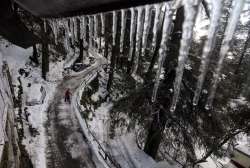 Shimla: Icicles hang from the roof of a building on a cold winter day after heavy snowfall. Large parts of Himachal Pradesh have been covered in a thick blanket of snow, throwing life out of gear.