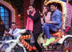 Bhojpuri actors Kheasri Lal Yadav and Nirahua on the sets of The Kapil Sharma Show.