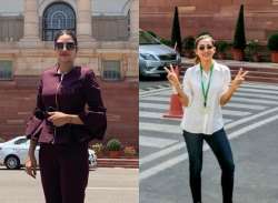 Trinamool MPs Mimi Chakraborty, Nusrat Jahan pose in front of Parliament