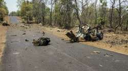 Remains of a police vehicle that was blasted by?improvised explosive device (IED) in Gadhchiroli.