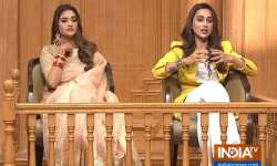 Nusrat Jahan and Mimi Chakraborty in Aap Ki Adalat with India Tv Editor-in-Chief and Chairman Rajat Sharma