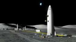 This artist's rendering made available by Elon Musk on Friday, Sept. 29, 2017 shows SpaceX's mega-rocket design on the Earth's moon. Amazon's Jeff Bezos and Virgin Galactic's Richard Branson favor going back to the moon before Mars. Musk also is rooting for the moon, although his heart's on Mars.