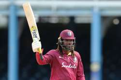 Brian Lara congratulates Chris Gayle after surpassing his ODI-run tally