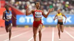 Salwa Eid Naser of Bahrain crosses the finish line to win the Women's 400 Metres final during day seven of 17th IAAF World Athletics Championships Doha 2019 at Khalifa International Stadium on October 03