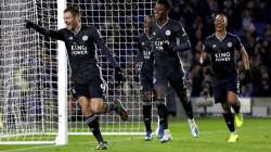 Leicester City's Jamie Vardy celebrates scoring his side's second goal of the game with a penalty, during the English Premier League soccer match between Brighton and Hove and Leicester City, at the AMEX Stadium