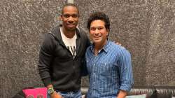 Jamaican sprinter Yohan Blake meets Sachin Tendulkar in Mumbai