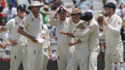 England celebrate the wicket of Pieter Malan during day five of the second cricket test between South Africa and England at the Newlands Cricket Stadium in Cape Town