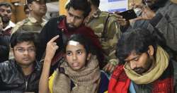 JNU Students' Union president Aisha Ghosh during her address to media personnel after a meeting with