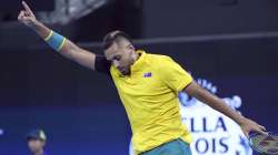 Nick Kyrgios of Australia reacts after winning his match against Jan-Lennard Struff of Germany at the ATP Cup tennis tournament in Brisbane