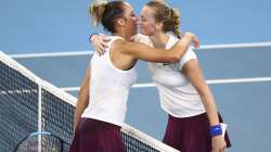 Madison Keys of the United States, left, is congratulated by Petra Kvitova of the Czech Republic, right, after their semifinal match at the Brisbane International