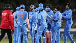 Virat Kohli of India celebrates after taking the wicket of Henry Nicholls of New Zealand during game one of the One Day International Series between New Zealand and India at Seddon Park on February 05