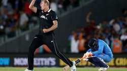 Kyle Jamieson of the Black Caps celebrates the wicket of Navdeep Saini of India during game two of the One Day International Series between New Zealand and India at at Eden Park on February 08, 2020 in Auckland