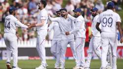 Ishant Sharma of India celebrates with Hanuma Vihari after taking the wicket of Ross Taylor of New Zealand during day two of the First Test match between New Zealand and India at Basin Reserve on February 22