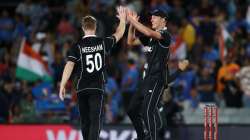 Kyle Jamieson and Jimmy Neesham of the Black Caps celebrate after winning game two of the One Day International Series between New Zealand and India at at Eden Park on February 08