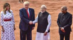US President Donald Trump and US First Lady Melania Trump being welcomed by President Ram Nath Kovin