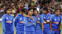 India look dejected after the ICC Women's T20 Cricket World Cup Final match between India and Australia at the Melbourne Cricket Ground on March 08, 2020 in Melbourne, Australia.