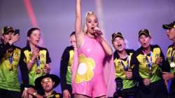 Katy Perry performs on stage with the Australian team during a concert after their victory in the ICC Women's T20 Cricket World Cup Final match between India and Australia at the Melbourne Cricket Ground on March 08, 2020 in Melbourne, Australia.