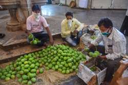 Mumbai: Fruit vendors sort Alphanso mangoes on his shop at Crawford market during a nationwide lockdown in the wake of coronavirus pandemic in Mumbai, Monday, March 30, 2020.