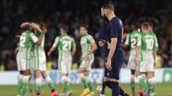 Real Madrid's Karim Benzema reacts at the end of La Liga soccer match between Betis and Real Madrid at the Benito Villamarin stadium in Seville, Spain, Sunday, March. 8