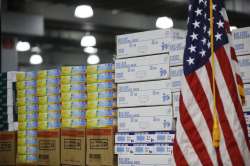 FILE - In this March 24, 2020, file photo stacks of medical supplies are housed at the Jacob Javits 