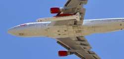 A Virgin Orbit Boeing 747-400 aircraft named Cosmic Girl takes off from Mojave Air and Space Port in