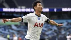 Tottenham's Son Heung-min celebrates after scoring his side's first goal during the English Premier League soccer match between Tottenham Hotspur and Arsenal at the Tottenham Hotspur Stadium in London, England, Sunday, July 12