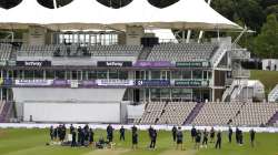 England huddle ahead of day one of the 1st #RaiseTheBat Test match at The Ageas Bowl on July 08, 2020 in Southampton