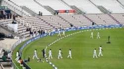 England and the West Indies walk out ahead of day one of the 1st #RaiseTheBat Test match at The Ageas Bowl on July 08