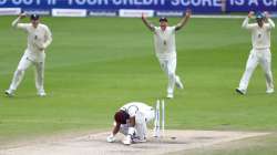 Shai Hope of West Indies is bowled by Stuart Broad of England during Day Five of the 2nd Test Match in the #RaiseTheBat Series between England and The West Indies at Emirates Old Trafford on July 20, 2020 in Manchester