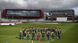 Pakistan cricket team huddle during a nets session at Old Trafford ground in Manchester, England, Monday Aug. 3