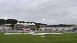 The pitch area is seen covered after rain stopped play on the fourth day of the second cricket Test match between England and Pakistan, at the Ageas Bowl in Southampton, England, Sunday, Aug. 16