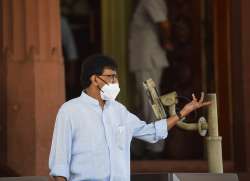 Shiv Sena leader Sanjay Raut outside Parliament ahead of the monsoon session. 