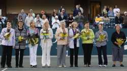 Members of the original nine women, from left to right, Billie Jean King, Peaches Bartkowicz, Kristy Pigeon, Valerie Ziegenfuss, Judy Tegart Dalton, Julie Heldman, Kerry Melville Reid, Nancy Richey and Rosie Casals