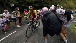 Slovenia's Primoz Roglic climbs the Marie Blanque pass during the ninth stage of the Tour de France cycling race over 153 kilometers (95 miles), with start in Pau and finish in Laruns, Sunday, Sept. 6