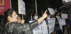 All India Progressive Women's Association (AIPWA) activists stage a protest over the death of Hathra